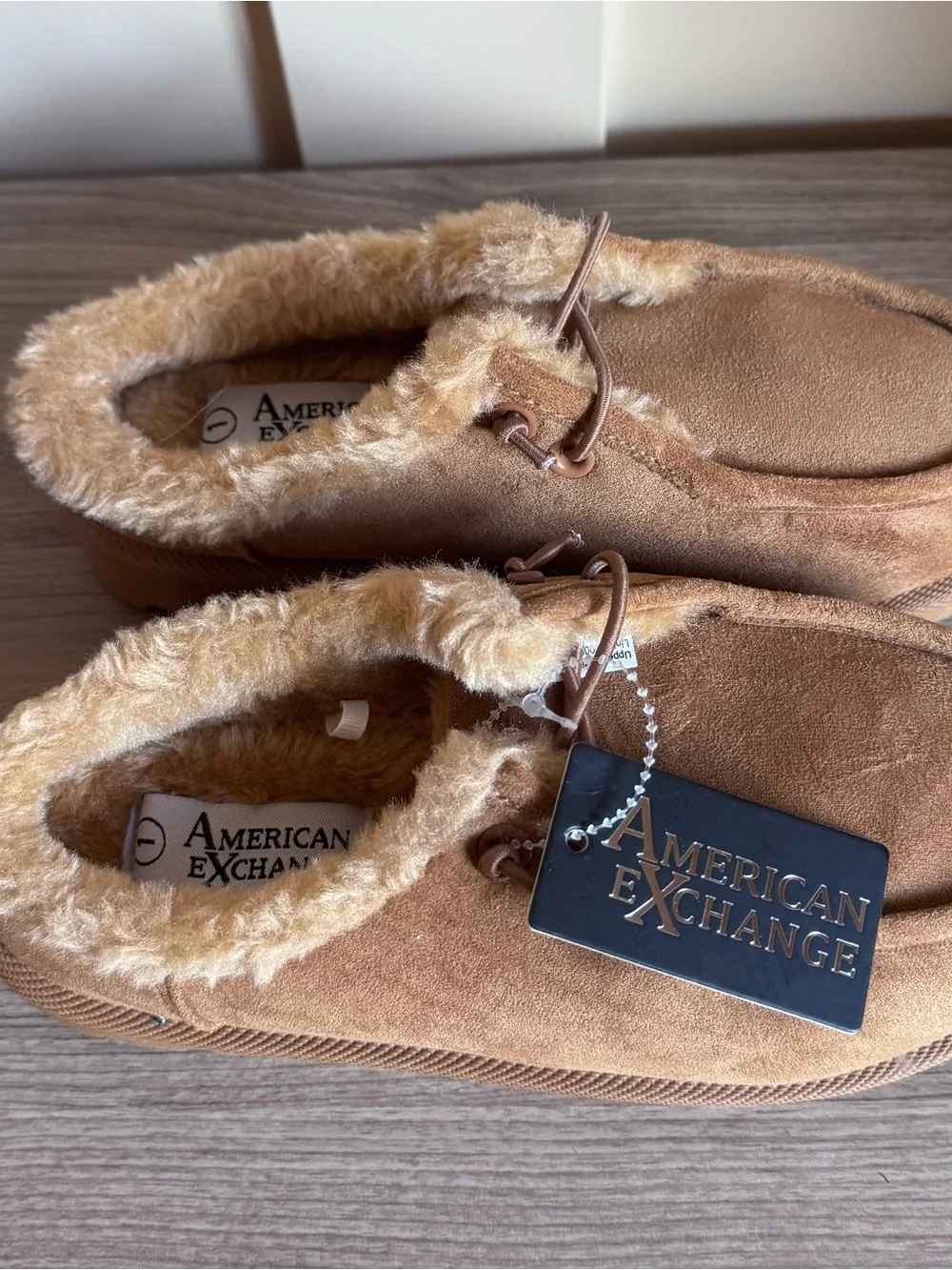 American Exchange Kids Tan Suede Slip-On Moccasins with Plush Collar